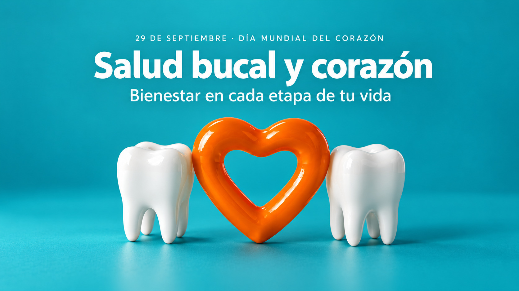 Dos dientes blancos y un corazón naranja sobre fondo turquesa: salud bucal y corazón