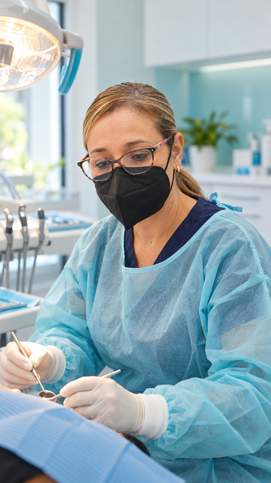 Dra. Cristina López atendiendo a un paciente en el consultorio dental