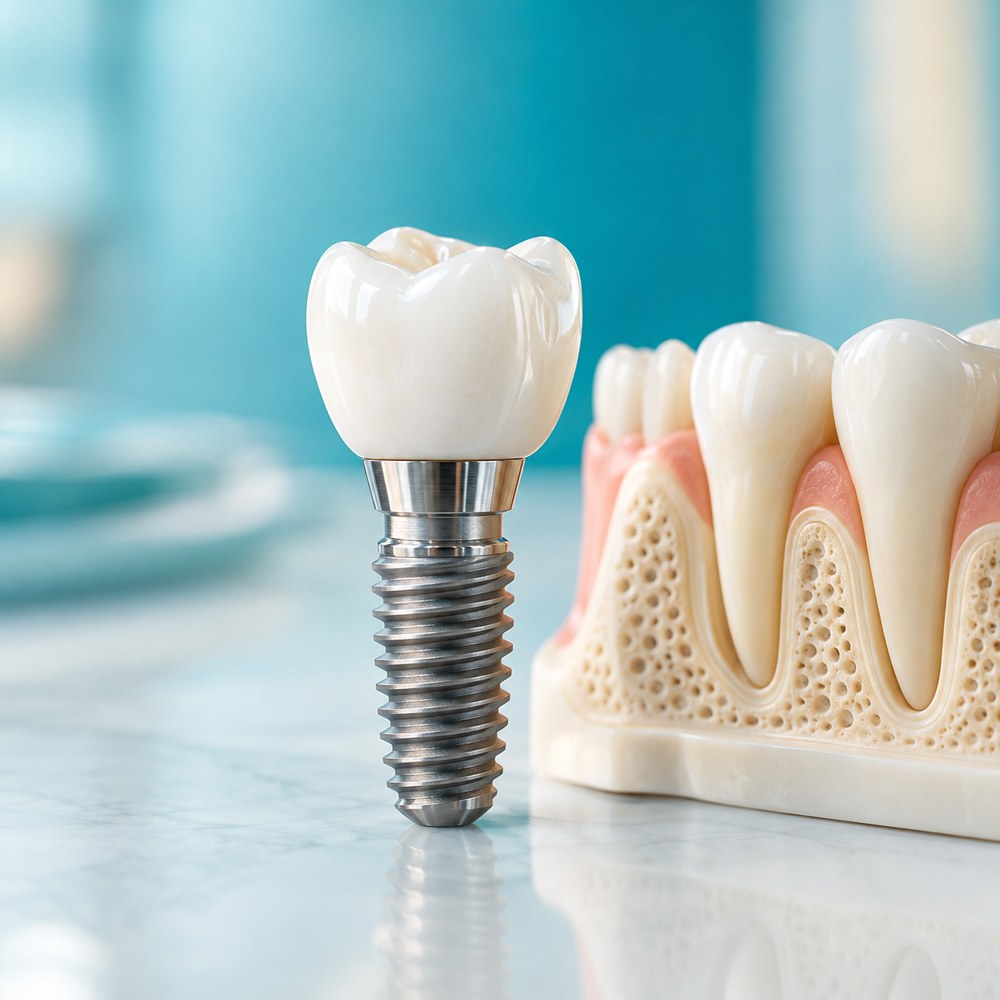 Modelo ilustrativo de un implante dental y corona