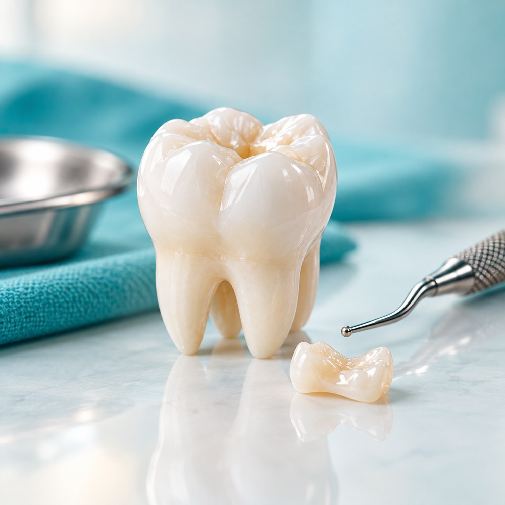 Modelo de molar e instrumental como representación de restauración dental