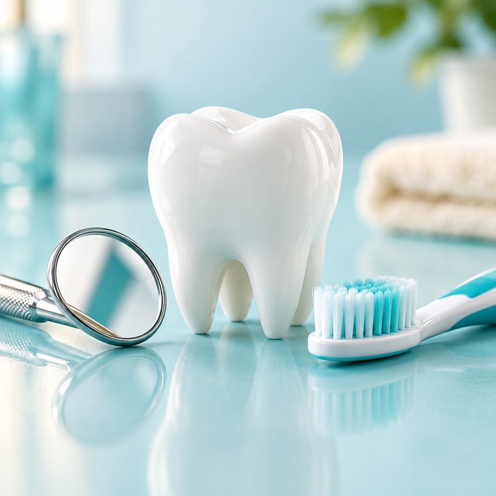 Modelo dental, cepillo y espejo para prevención y cuidado bucodental
